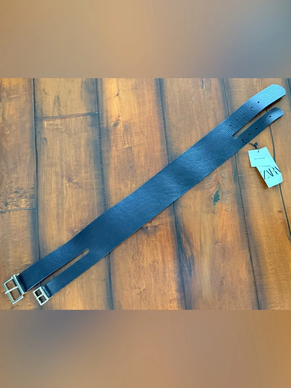 NWT Zara Black Leather Belt with Gold Buckle